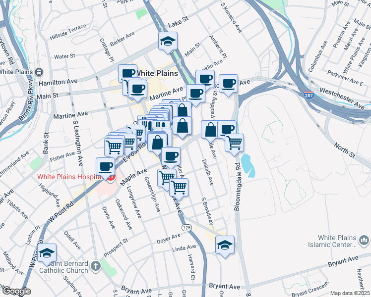 map of restaurants, bars, coffee shops, grocery stores, and more near 107 South Broadway in White Plains
