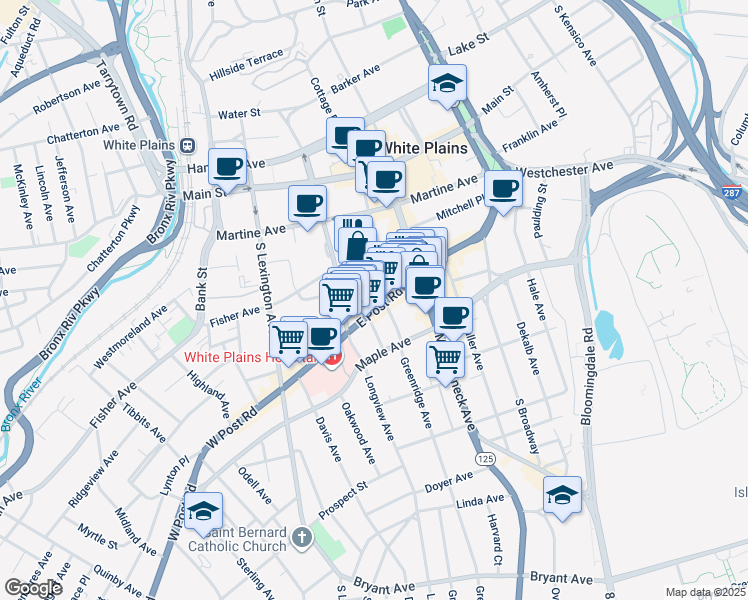 map of restaurants, bars, coffee shops, grocery stores, and more near 105 East Post Road in White Plains