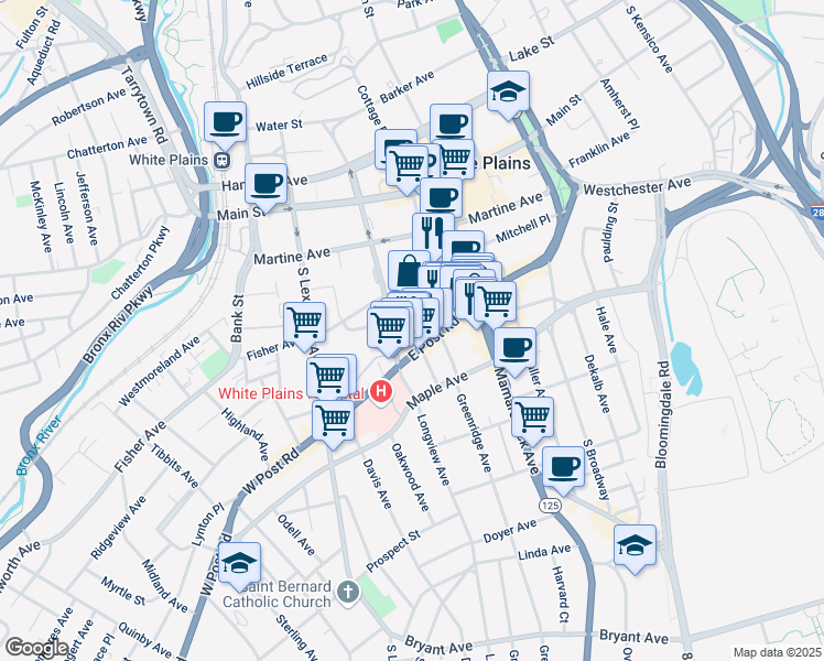 map of restaurants, bars, coffee shops, grocery stores, and more near 72 East Post Road in White Plains