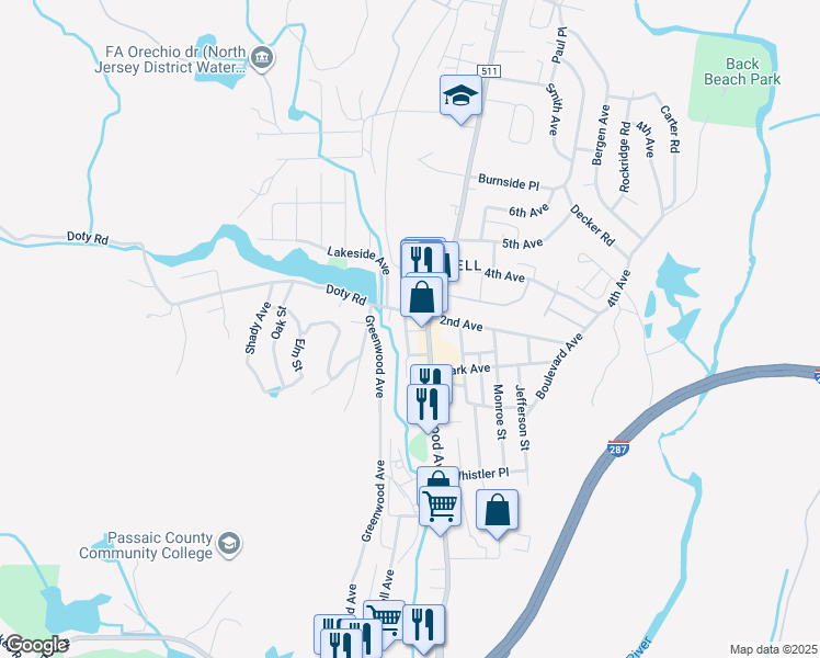map of restaurants, bars, coffee shops, grocery stores, and more near 14 Brook Street in Wanaque