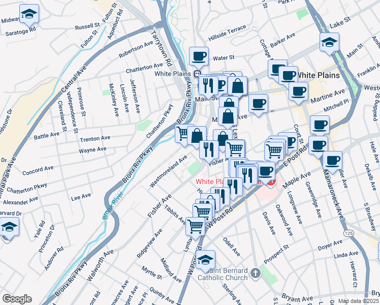 map of restaurants, bars, coffee shops, grocery stores, and more near 52 Westmoreland Avenue in White Plains