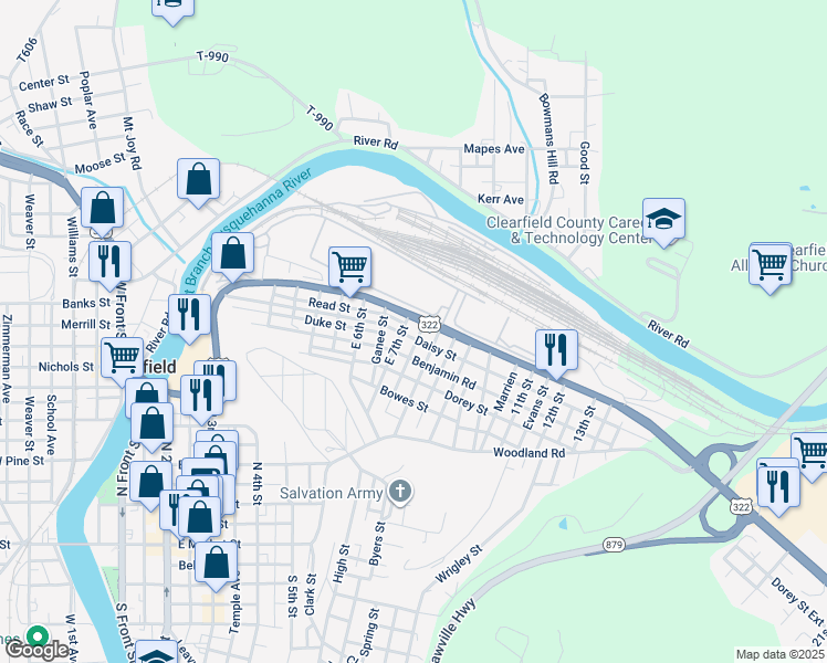 map of restaurants, bars, coffee shops, grocery stores, and more near 704 Daisy Street in Clearfield