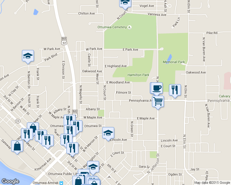 map of restaurants, bars, coffee shops, grocery stores, and more near Wayne Street in Ottumwa