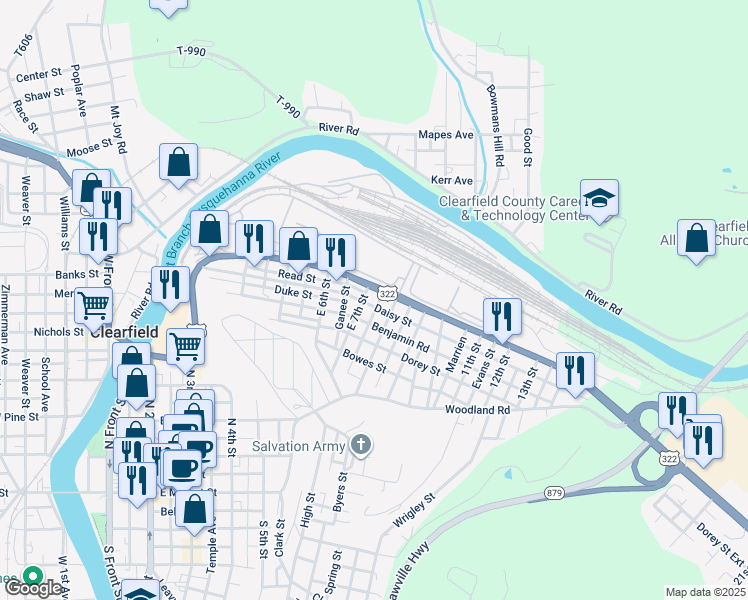 map of restaurants, bars, coffee shops, grocery stores, and more near 704 Daisy Street in Clearfield