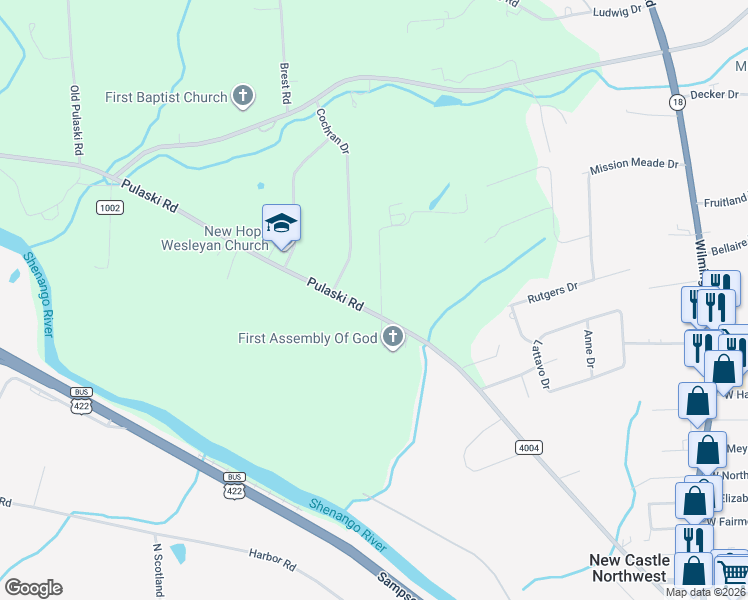 map of restaurants, bars, coffee shops, grocery stores, and more near 2102 Pulaski Road in New Castle