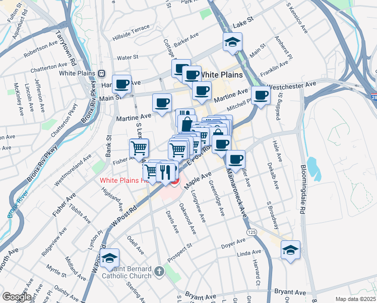 map of restaurants, bars, coffee shops, grocery stores, and more near 170 Grand Street in White Plains