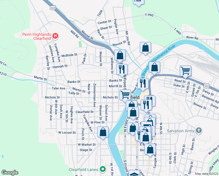 map of restaurants, bars, coffee shops, grocery stores, and more near 204 Merrill Street in Clearfield
