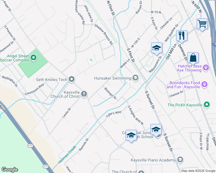 map of restaurants, bars, coffee shops, grocery stores, and more near 419 Bishops Street in Kaysville