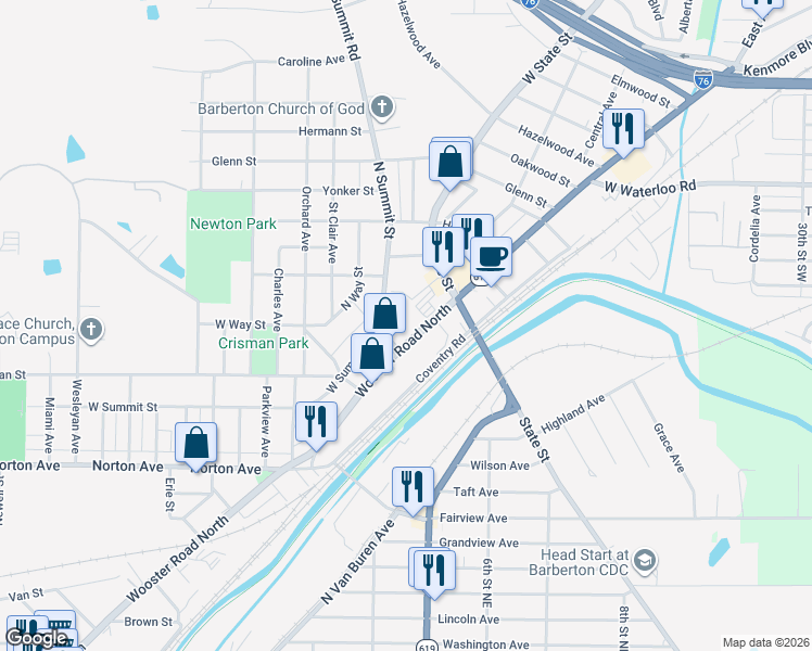 map of restaurants, bars, coffee shops, grocery stores, and more near 800 Wooster Road North in Barberton