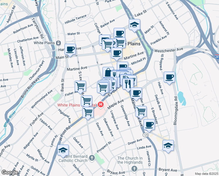 map of restaurants, bars, coffee shops, grocery stores, and more near 170 Grand Street in White Plains