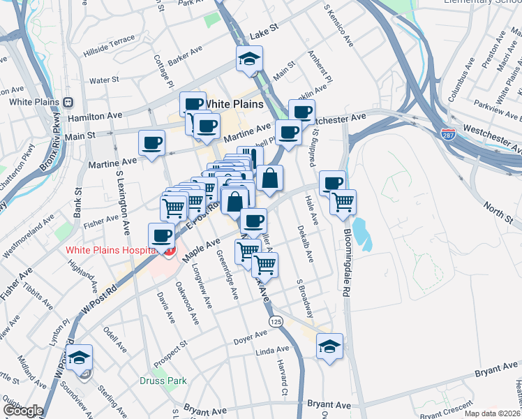 map of restaurants, bars, coffee shops, grocery stores, and more near 42 Waller Avenue in White Plains