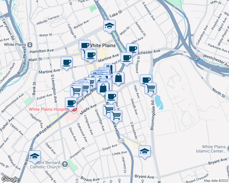 map of restaurants, bars, coffee shops, grocery stores, and more near 42 Waller Avenue in White Plains