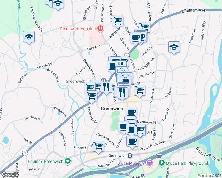 map of restaurants, bars, coffee shops, grocery stores, and more near 100 West Putnam Avenue in Greenwich