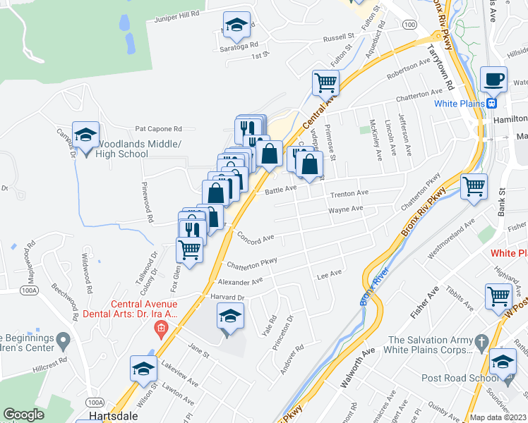 map of restaurants, bars, coffee shops, grocery stores, and more near 324 North Central Avenue in Hartsdale