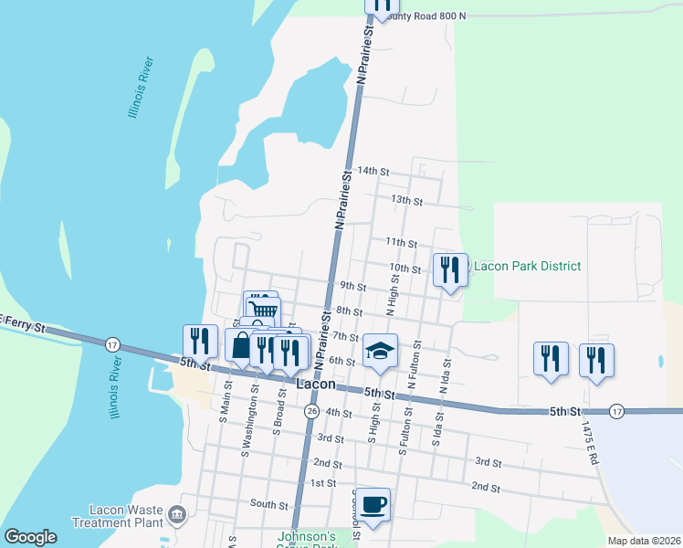 map of restaurants, bars, coffee shops, grocery stores, and more near 507 North Prairie Street in Lacon
