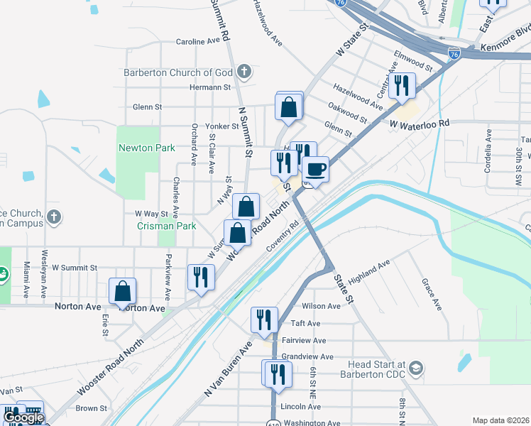 map of restaurants, bars, coffee shops, grocery stores, and more near 800 Wooster Road North in Barberton