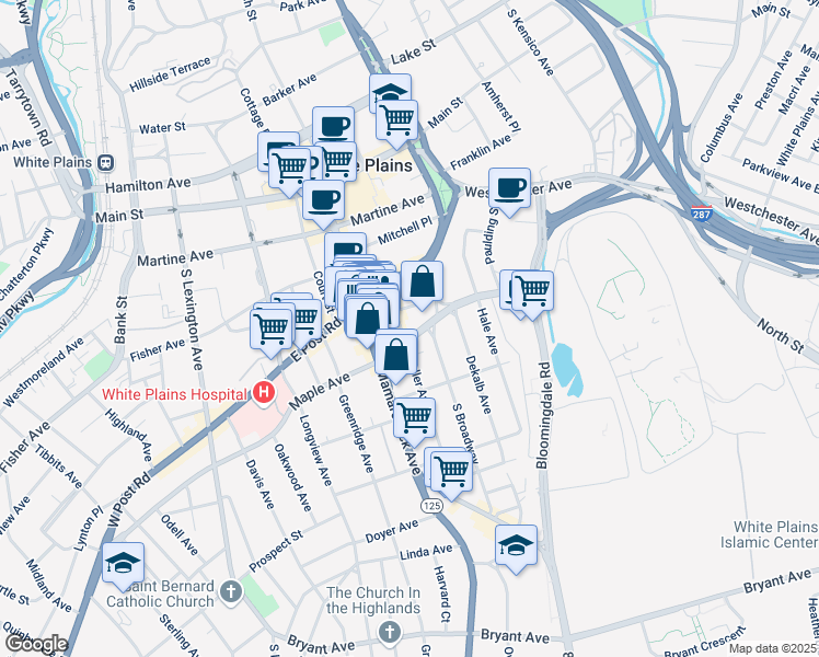 map of restaurants, bars, coffee shops, grocery stores, and more near 34 Maple Avenue in White Plains