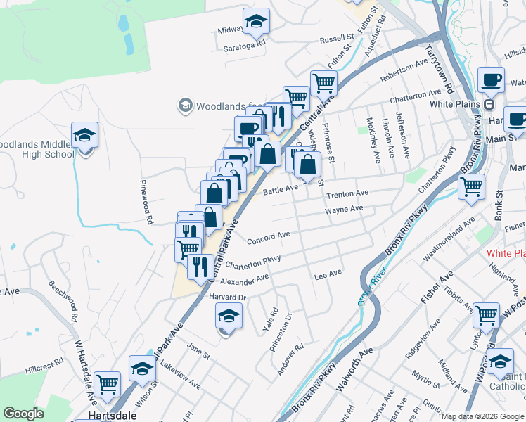 map of restaurants, bars, coffee shops, grocery stores, and more near 324 North Central Avenue in Hartsdale