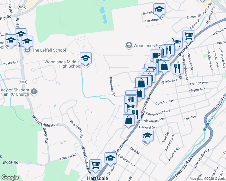 map of restaurants, bars, coffee shops, grocery stores, and more near 31 Pinewood Road in Hartsdale