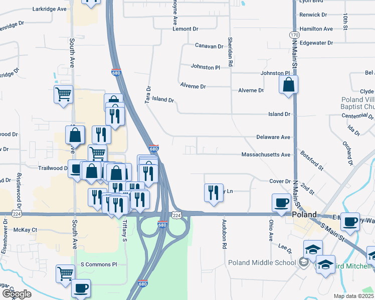 map of restaurants, bars, coffee shops, grocery stores, and more near 1841 Massachusetts Avenue in Youngstown