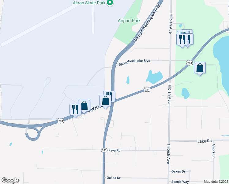 map of restaurants, bars, coffee shops, grocery stores, and more near 1265-1285 George Washington Boulevard in Akron