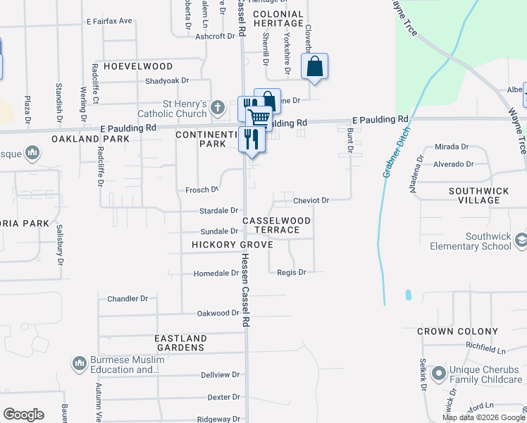 map of restaurants, bars, coffee shops, grocery stores, and more near 6218 Holgate Dr in Fort Wayne
