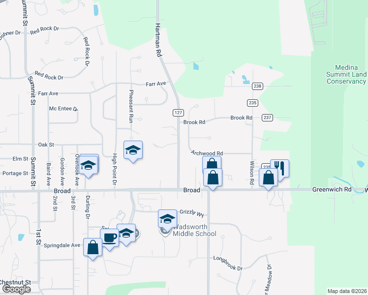 map of restaurants, bars, coffee shops, grocery stores, and more near 178 Township Road 127 in Wadsworth