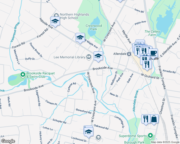 map of restaurants, bars, coffee shops, grocery stores, and more near 171 Brookside Avenue in Allendale