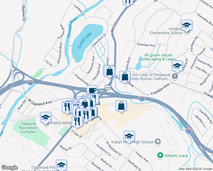 map of restaurants, bars, coffee shops, grocery stores, and more near 445 Ramapo Valley Road in Oakland
