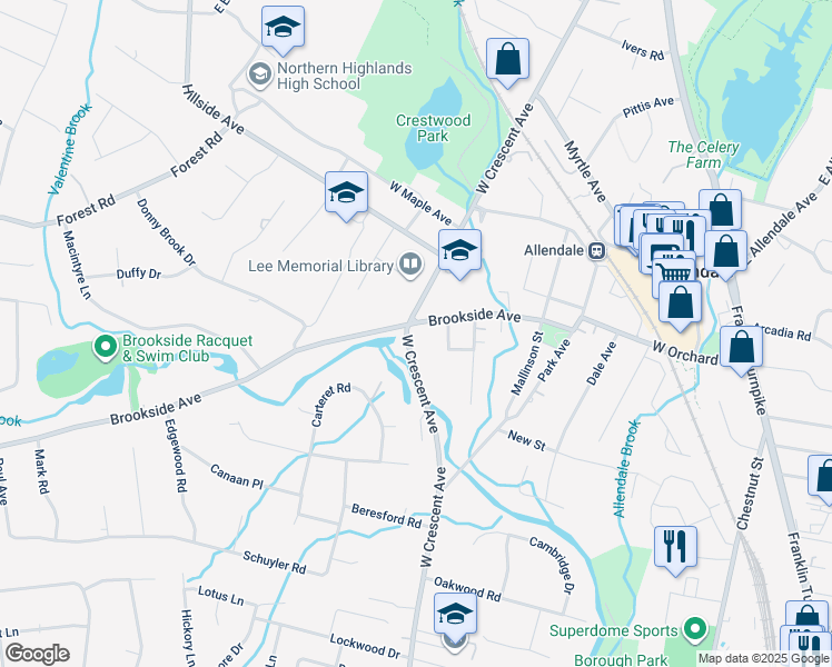 map of restaurants, bars, coffee shops, grocery stores, and more near 171 Brookside Avenue in Allendale
