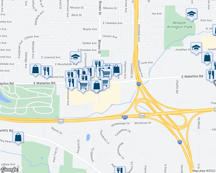 map of restaurants, bars, coffee shops, grocery stores, and more near 484 East Waterloo Road in Akron