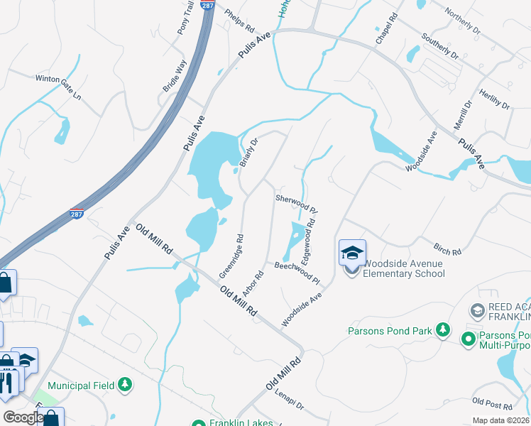 map of restaurants, bars, coffee shops, grocery stores, and more near 263 Arbor Road in Franklin Lakes