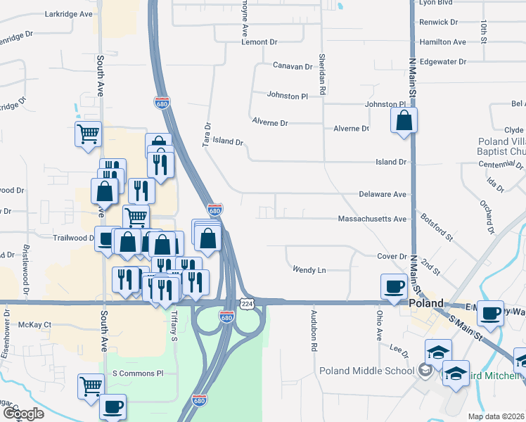 map of restaurants, bars, coffee shops, grocery stores, and more near 1841 Massachusetts Avenue in Youngstown