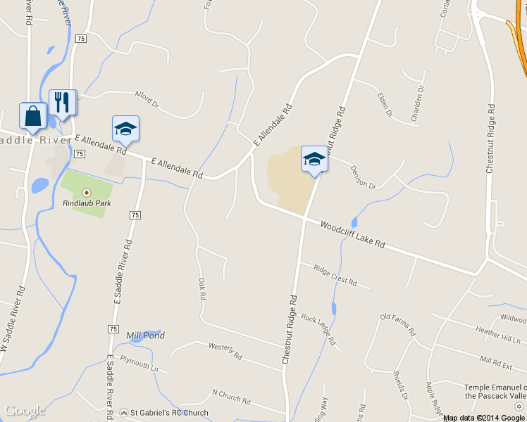 map of restaurants, bars, coffee shops, grocery stores, and more near 16 Woodcliff Lake Road in Saddle River