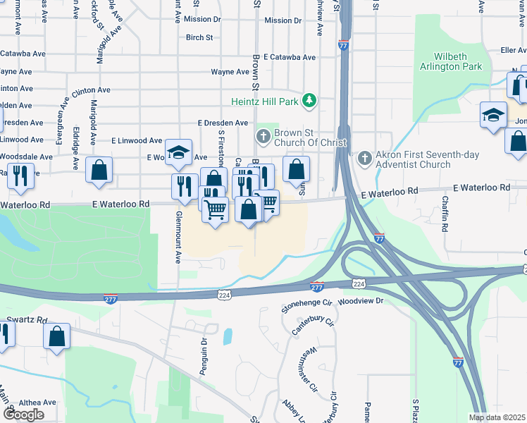 map of restaurants, bars, coffee shops, grocery stores, and more near in Akron