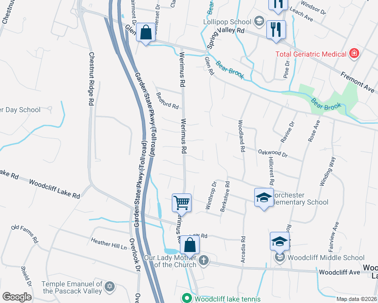 map of restaurants, bars, coffee shops, grocery stores, and more near 2 Tamarack Drive in Woodcliff Lake