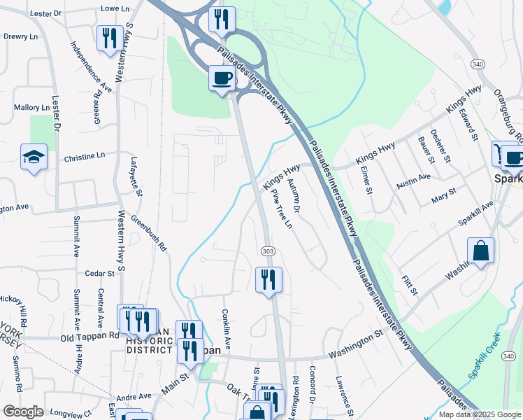 map of restaurants, bars, coffee shops, grocery stores, and more near Route 303 in Tappan