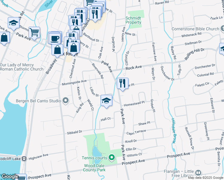 map of restaurants, bars, coffee shops, grocery stores, and more near 107 Rivervale Road in Park Ridge