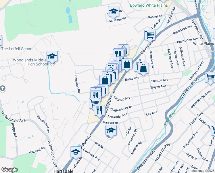 map of restaurants, bars, coffee shops, grocery stores, and more near 355 Central Park Avenue in Hartsdale