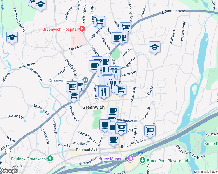 map of restaurants, bars, coffee shops, grocery stores, and more near 175 Greenwich Avenue in Greenwich