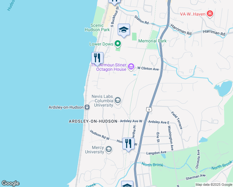 map of restaurants, bars, coffee shops, grocery stores, and more near Old Croton Trailway State Park in Irvington