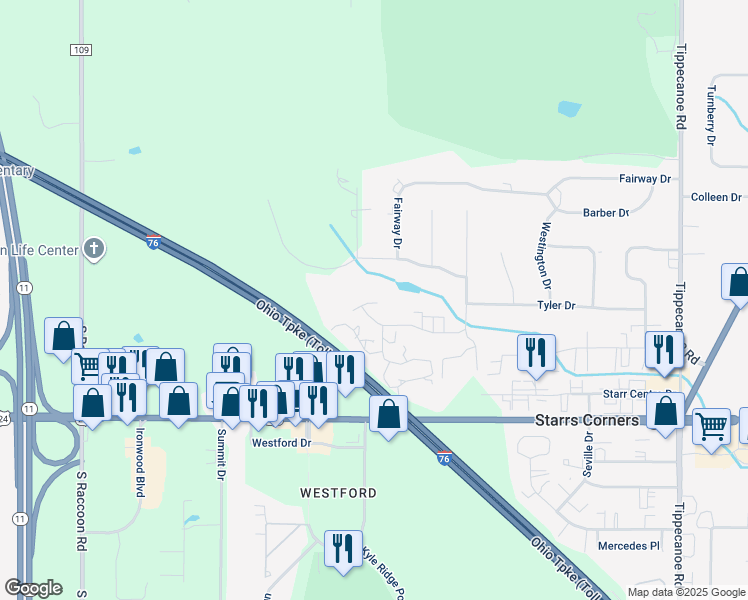 map of restaurants, bars, coffee shops, grocery stores, and more near 6496 Saint Andrews Drive in Canfield