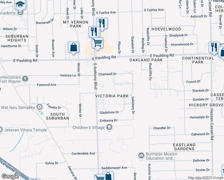 map of restaurants, bars, coffee shops, grocery stores, and more near 6120 Guild Drive in Fort Wayne