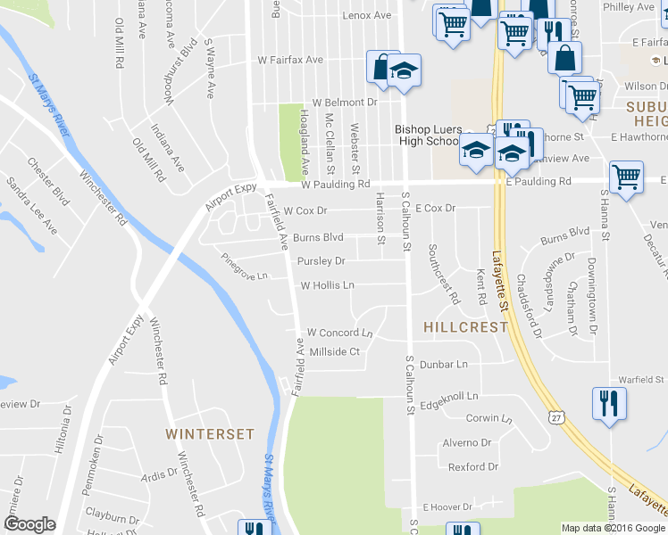 map of restaurants, bars, coffee shops, grocery stores, and more near 328 West Hollis Lane in Fort Wayne