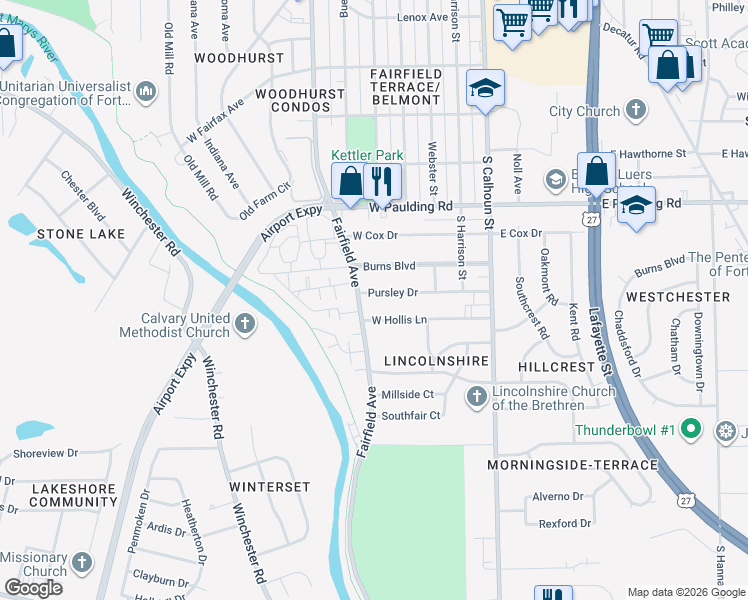 map of restaurants, bars, coffee shops, grocery stores, and more near 360 West Hollis Lane in Fort Wayne