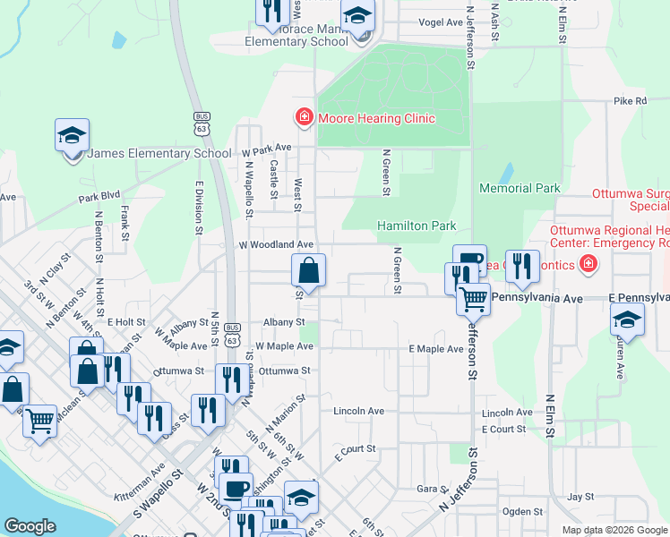 map of restaurants, bars, coffee shops, grocery stores, and more near Wayne Street in Ottumwa