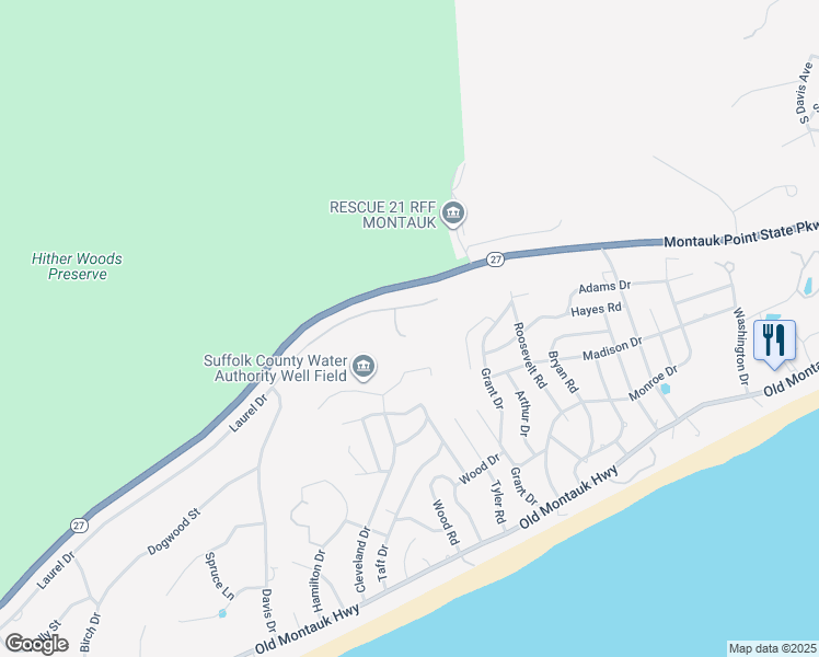 map of restaurants, bars, coffee shops, grocery stores, and more near 5 The Glen in Montauk