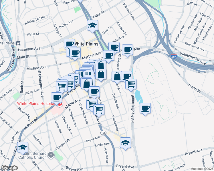 map of restaurants, bars, coffee shops, grocery stores, and more near 1 Dekalb Avenue in White Plains