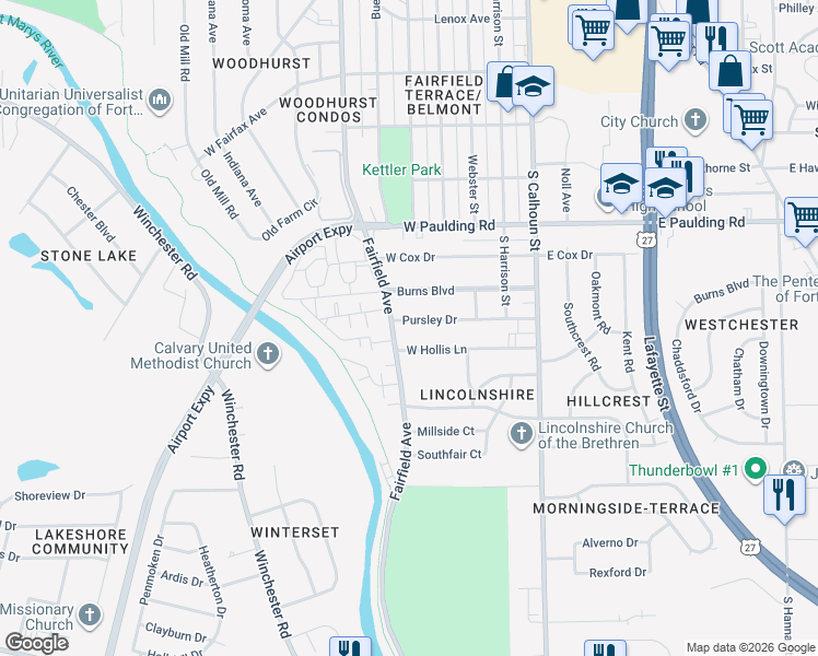 map of restaurants, bars, coffee shops, grocery stores, and more near 360 West Hollis Lane in Fort Wayne