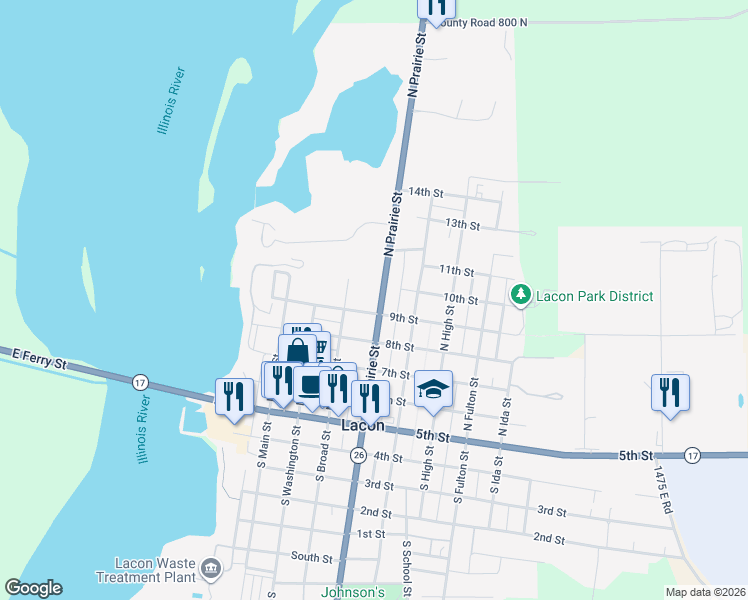map of restaurants, bars, coffee shops, grocery stores, and more near 507 North Prairie Street in Lacon